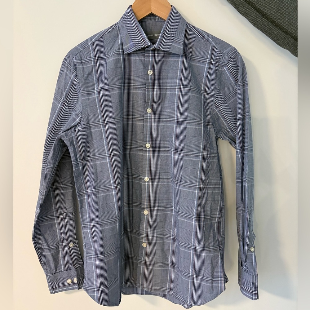 Michael Kors Men's Navy Checkered Dress Shirt